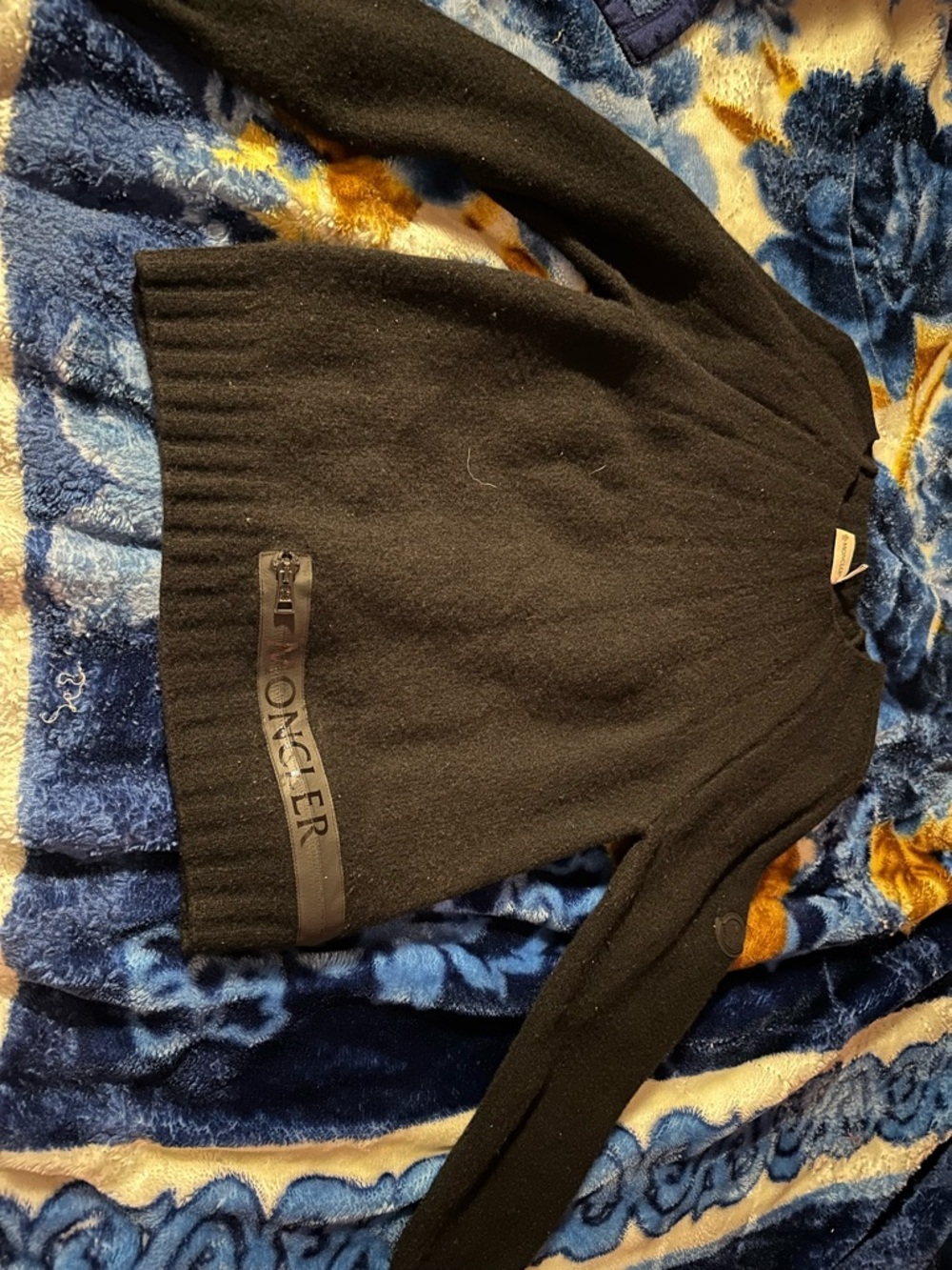 Moncler Black Wool Sweater with Blue Faux-Fur Trim